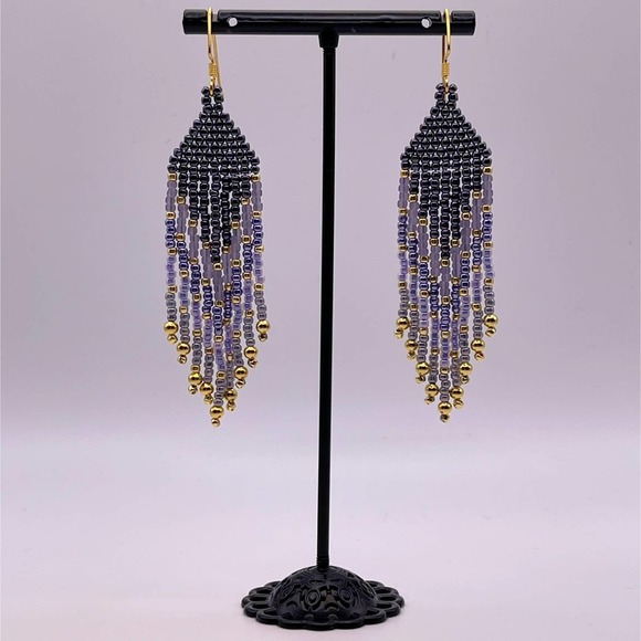Beaded Fringe Dangle Earrings Purple Violet Lavender Gold Glass Beads Beadwork - Picture 7 of 7